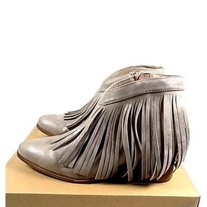 London Rag Western Metallic Grey Fringe Bohemian Block Heel Ankle Bootie